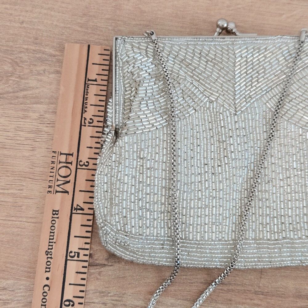 Vintage MAGID Beaded Evening Purse Clutch Silver Kiss Lock Chain Handmade Macau - Picture 7 of 9